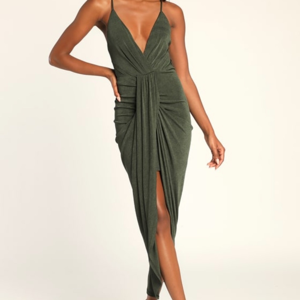NWT Lulus Dreamy Date Dark Green Surplice Midi Dress - Medium
